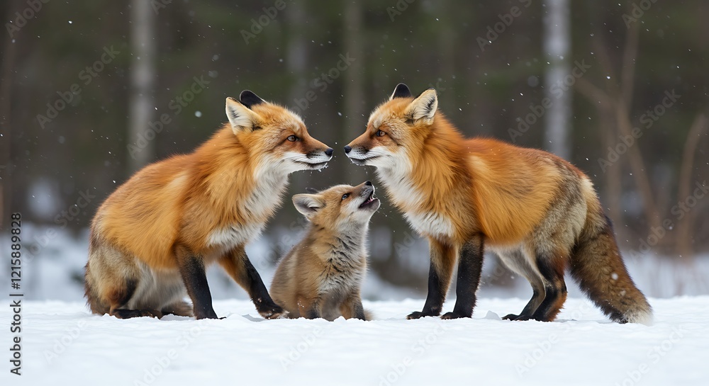 Obraz premium Red Fox Family in Winter Snow Scene