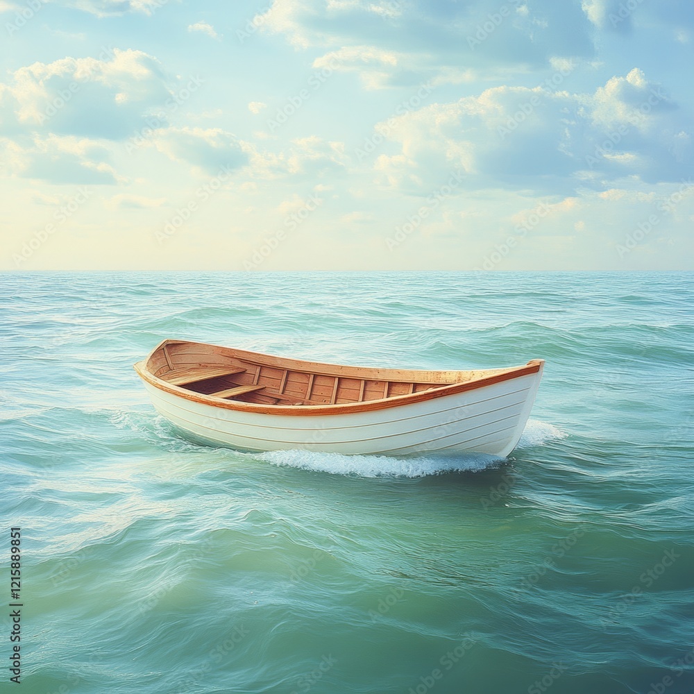 Naklejka premium Small Rowboat on Calm Ocean at Sunset
