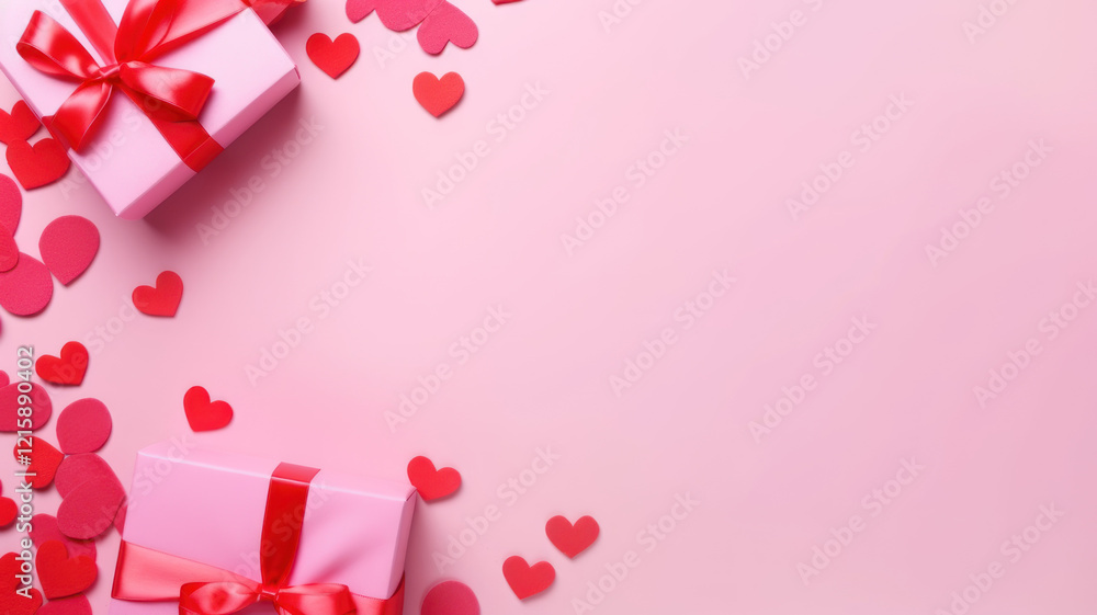 Top view photo of trendy gift boxes with ribbon bows and red rose on isolated pastel color background Top view photo of trendy gift boxes with ribbon bows and red rose on isolated pastel color background