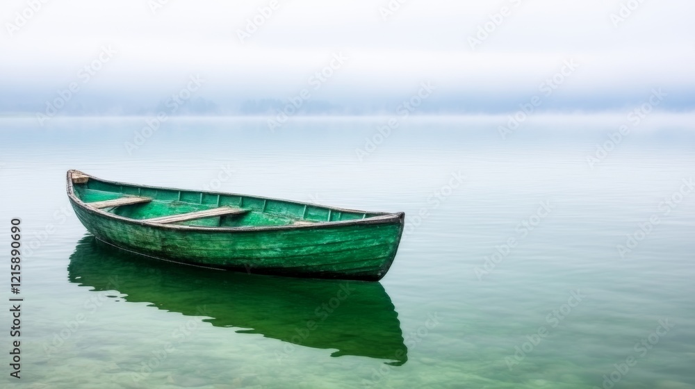 Naklejka premium Serene Green Rowboat on Misty Lake Waterscape