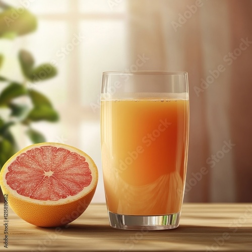 Grapefruit juice glass, sunny kitchen, healthy breakfast photo