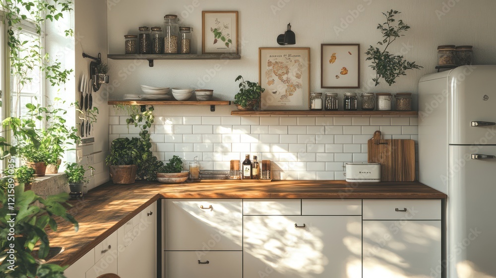 Fototapeta premium Sunlit Kitchen Haven: Rustic Charm and Verdant Greenery