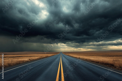 A long highway stretches towards a horizon filled with ominous dark storm clouds