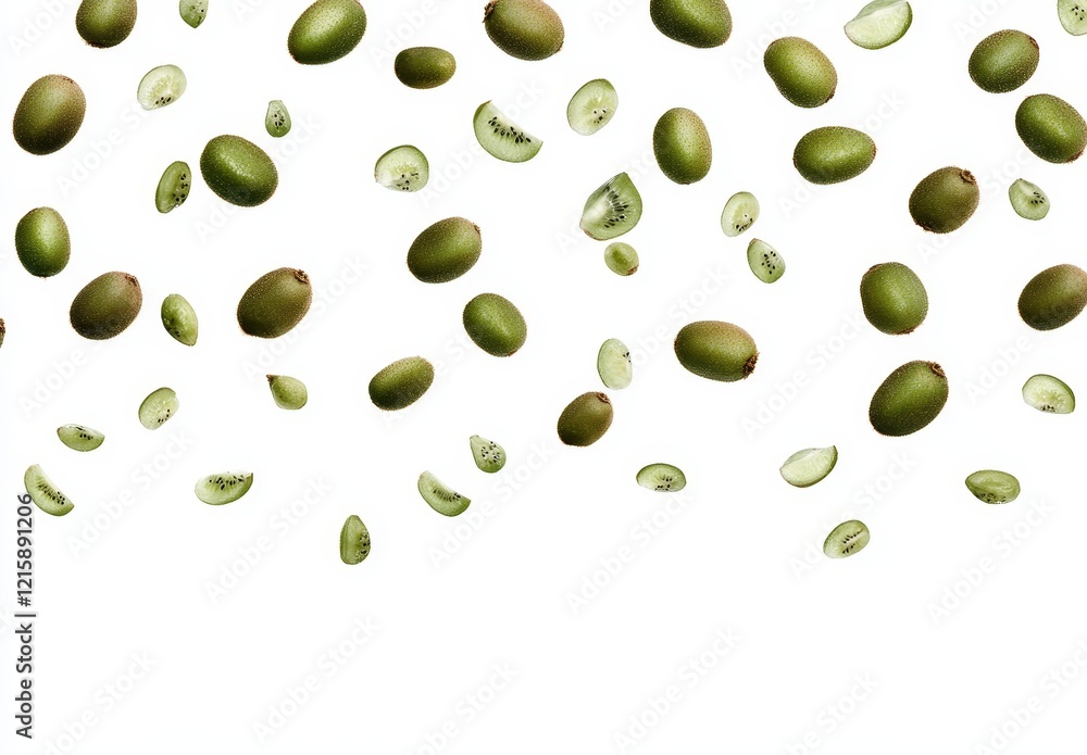 Falling kiwi fruits and slices on white background. Falling kiwi fruits and slices on white background.