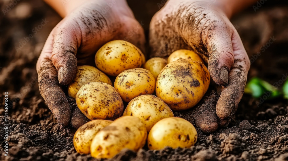 Hands of man picking up potatoes from soil Hands of man picking up potatoes from soil