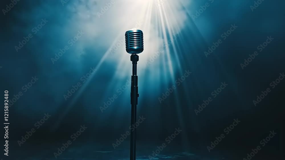 A lone vintage microphone on a stand under dramatic stage lighting.
