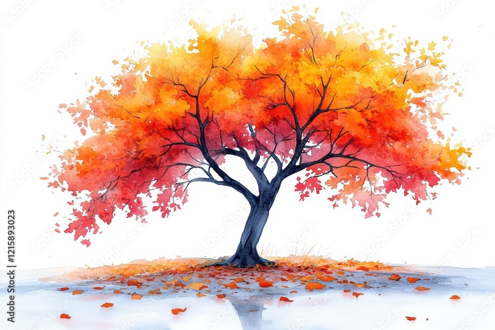 Vibrant Autumn Tree with Orange and Red Foliage in Watercolor Style Vibrant Autumn Tree with Orange and Red Foliage in Watercolor Style
