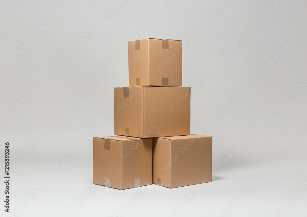 Stack of four sealed cardboard boxes on white background. Stack of four sealed cardboard boxes on white background.