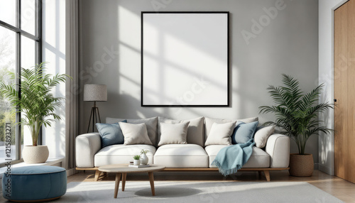 a white couch with blue throw pillows, a wooden coffee table, and two potted plants. Cozy modern living room with photo frame design