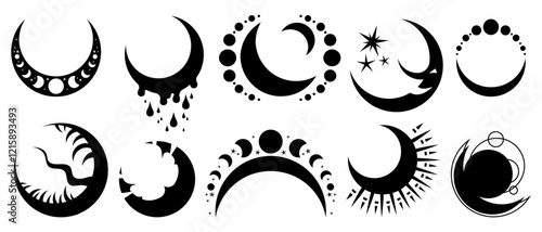 Flat icon set of different moon illustrations. Symbols of astrology, alchemy, boho, and magic. Prints for T-shirts, decoration, and design. Vector illustration isolated on white background