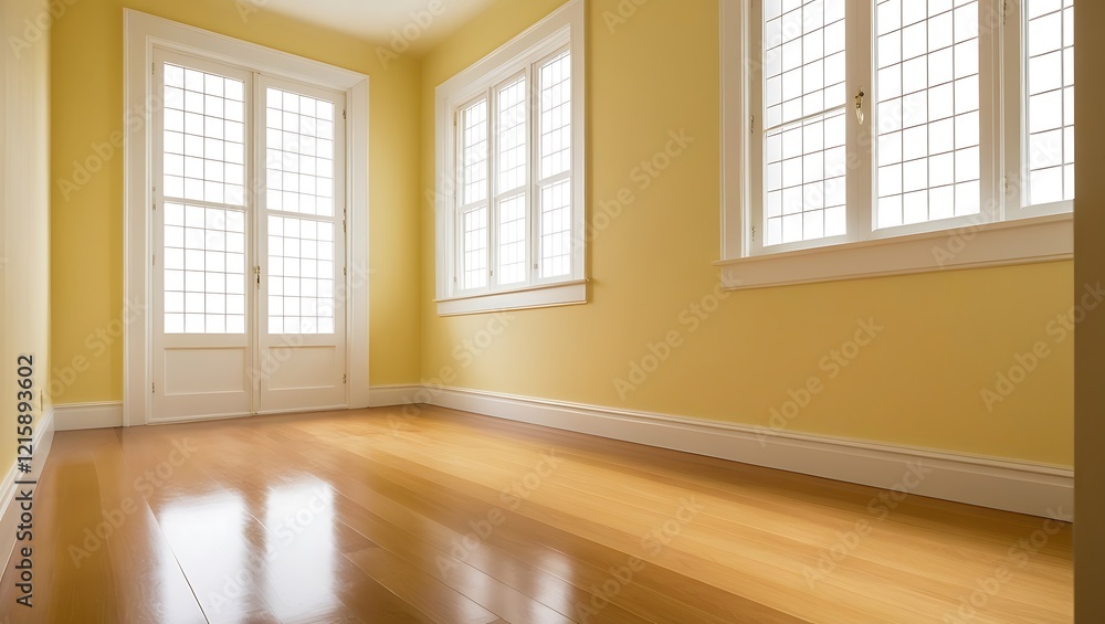 Fototapeta premium Minimalist yellow empty room with large window and wooden floor