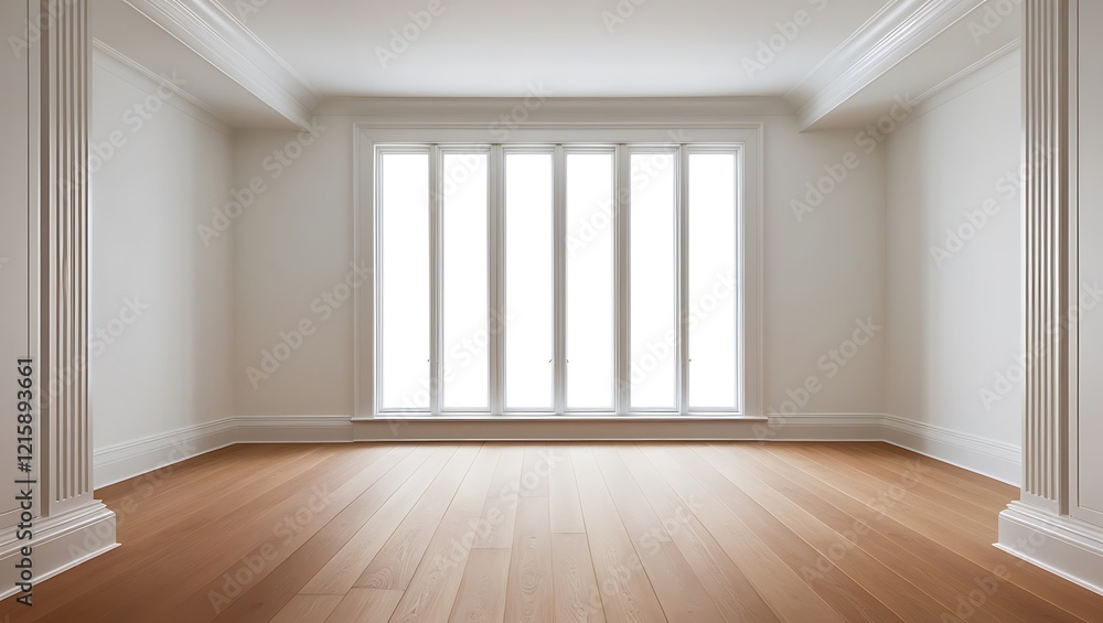 Fototapeta premium Minimalist white empty room with large window and wooden floor