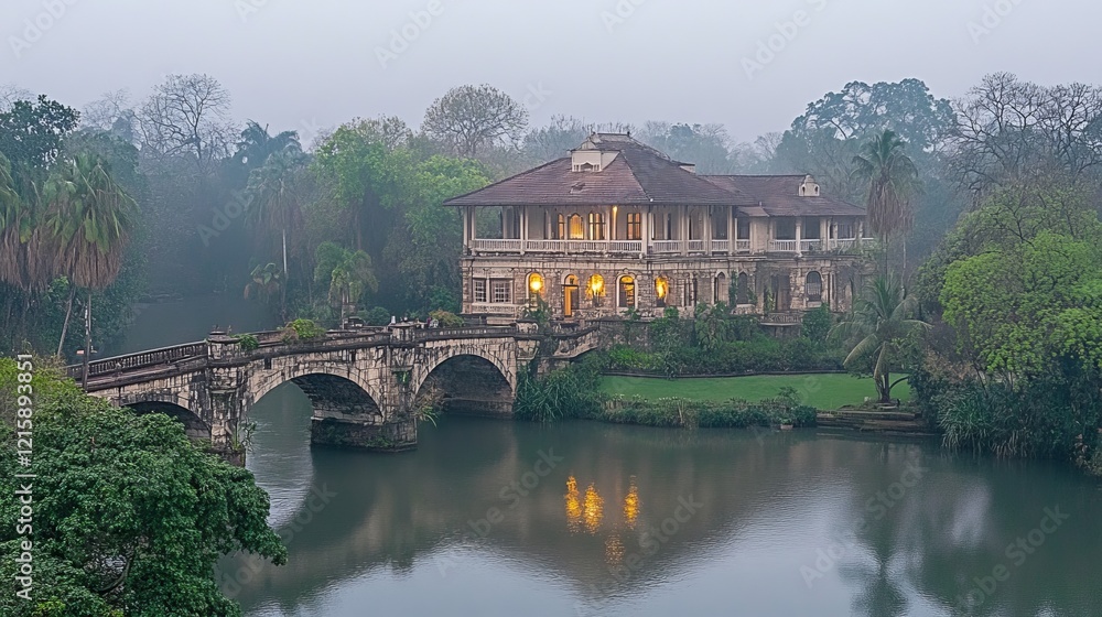 Serene Mansion on River Bridge, Misty Morning Landscape Serene Mansion on River Bridge, Misty Morning Landscape