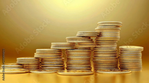 Bitcoin gold coin among blue stacks of coins. Cryptocurrency concept