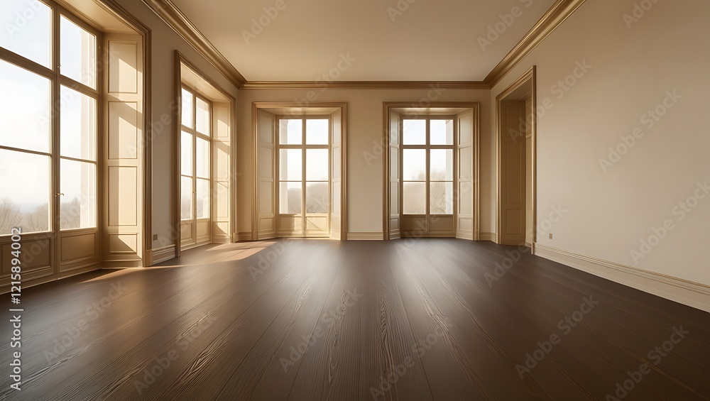 Minimalist gold empty room with large window and wooden floor Minimalist gold empty room with large window and wooden floor
