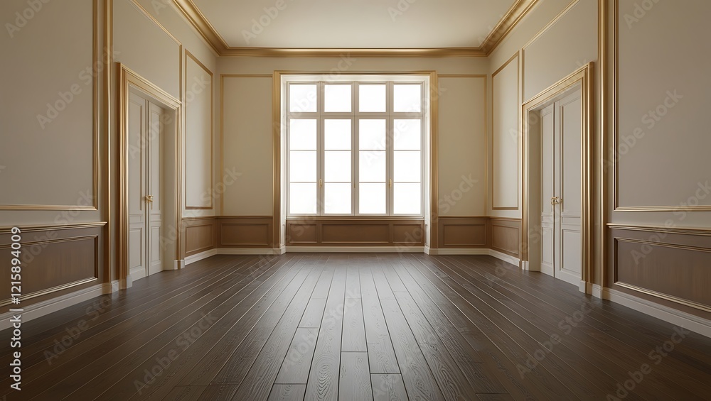 Fototapeta premium Minimalist gold empty room with large window and wooden floor