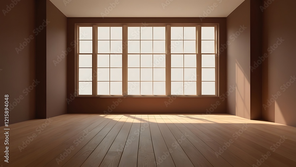 Fototapeta premium Minimalist brown empty room with large window and wooden floor