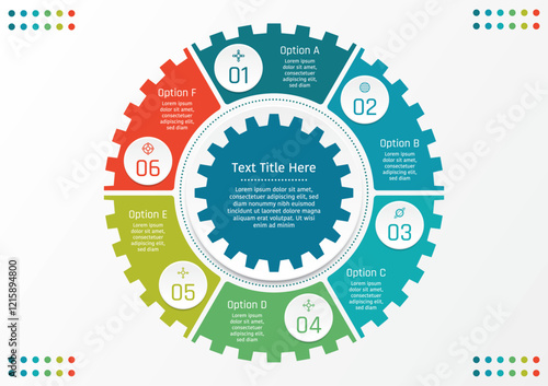 6 options business infographic template, theme of six divided gear shapes with number and symbols
