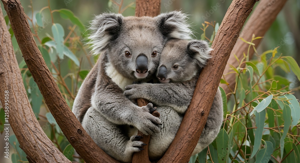 Adorable Koala Mother and Baby Hugging in Tree Adorable Koala Mother and Baby Hugging in Tree