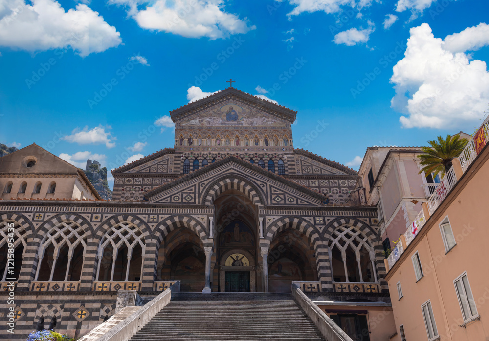 Italy, Amalfi town colorful architecture in historic city center with churches and old buildings.