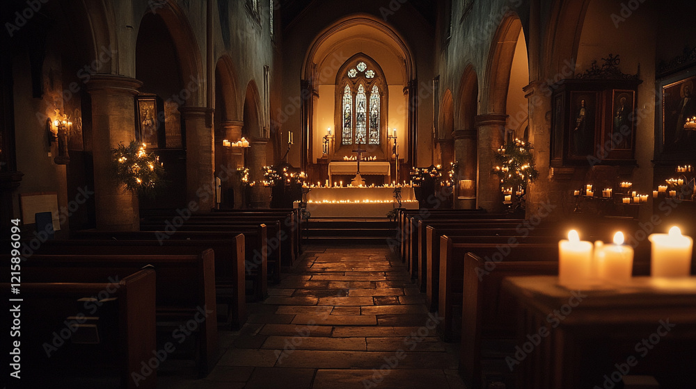 Fototapeta premium Celebrating Candlemas in a Tranquil Church Setting with Warm Candlelight