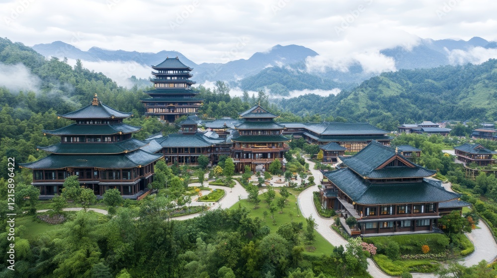 Obraz premium Serene Mountaintop Temple Complex Architectural Panorama