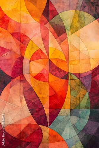Complex Geometric Arrangement of Intersecting Lines and Circles in a Vibrant Background with Soft and Hot Colors