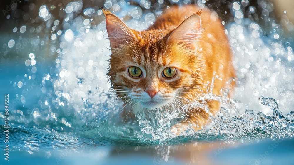 Energetic Orange Cat Splashing Water with Focused Expression Energetic Orange Cat Splashing Water with Focused Expression