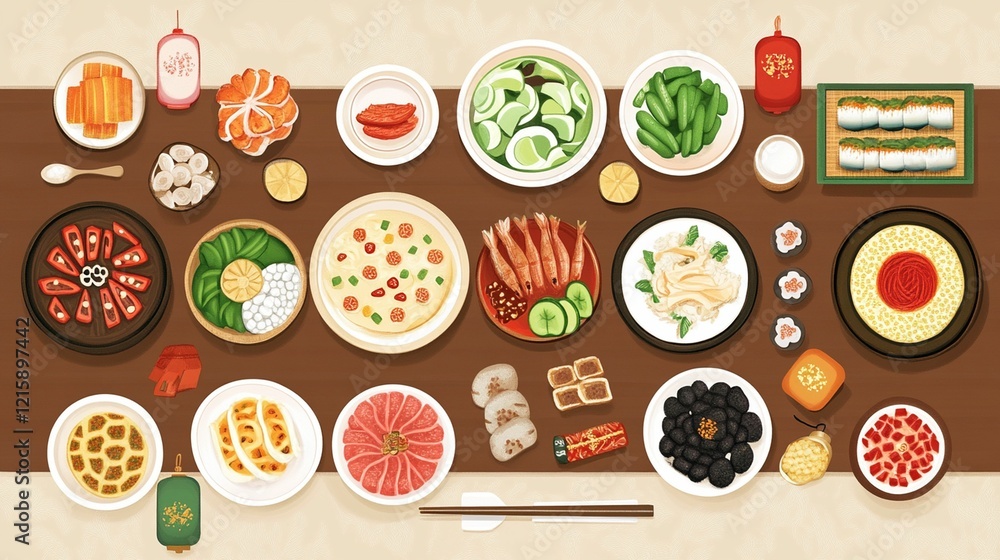 a flat illustration of a Seollal table a flat illustration of a Seollal table