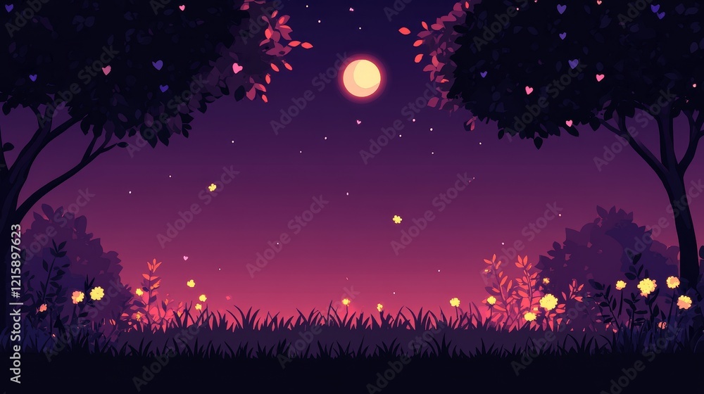Serene Nighttime Forest Scene with Full Moon and Hearts Serene Nighttime Forest Scene with Full Moon and Hearts