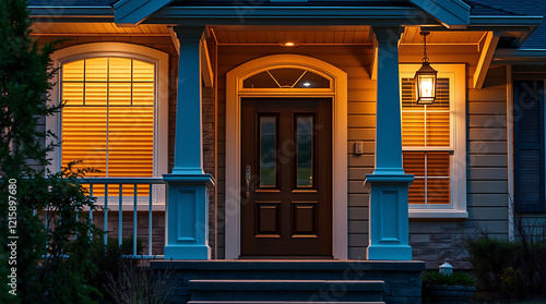 Illuminated House Entrance at Night: Warm and inviting home exterior with inviting porch and stylish architecture. Perfect for real estate listings and home design inspiration. photo