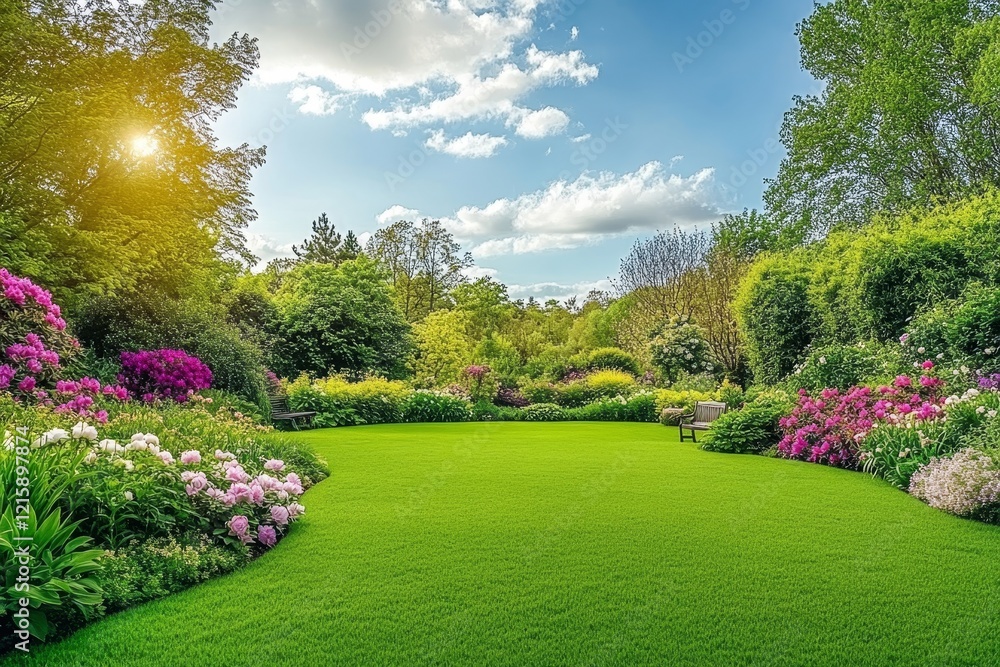 Naklejka premium Scenic english country estate with lush lawn, trees, and vibrant spring flowers under blue sky