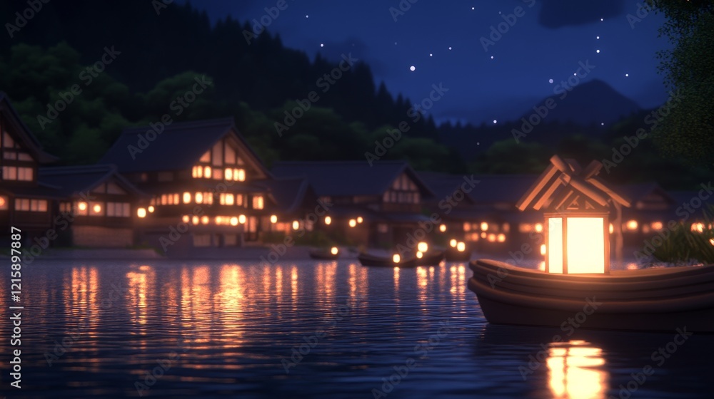 Serene Nighttime Village Lights Reflecting on Calm Water Serene Nighttime Village Lights Reflecting on Calm Water