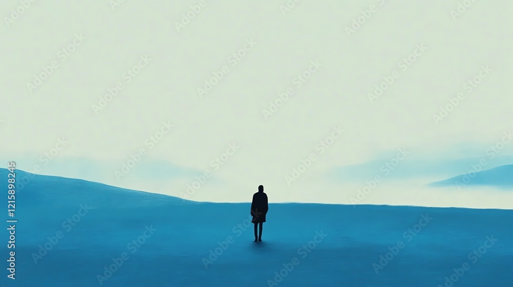 A solitary figure stands in a vast, serene landscape, surrounded by soft, blue hues and a tranquil atmosphere. A solitary figure stands in a vast, serene landscape, surrounded by soft, blue hues and a tranquil atmosphere.