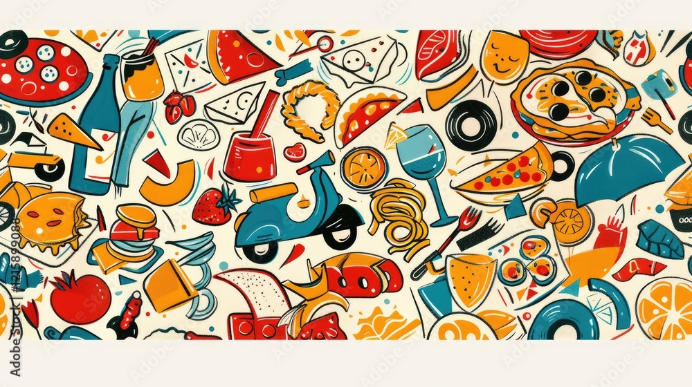 A colorful collage of various food items and drinks, showcasing a vibrant culinary theme. A colorful collage of various food items and drinks, showcasing a vibrant culinary theme.