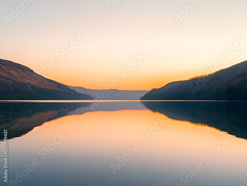 Wallpaper Mural Glimmering lake at dusk with soft ripples, golden hues in the sky reflecting on the water, minimalistic and serene Torontodigital.ca