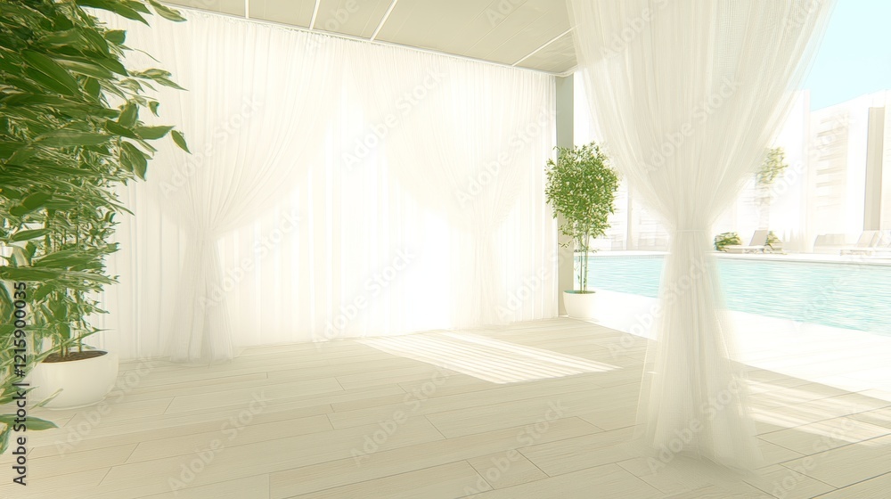 Fototapeta premium Serene Poolside Relaxation Area with Sheer Curtains