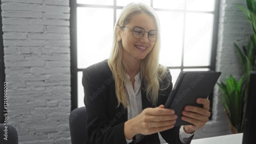 Young woman smiling while holding tablet in bright modern office setting highlighting professional female engagement with technology indoors