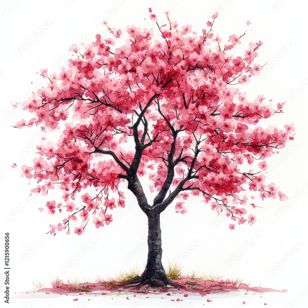 Fototapeta premium Vibrant Pink Blossom Tree on White Background with Petal Details