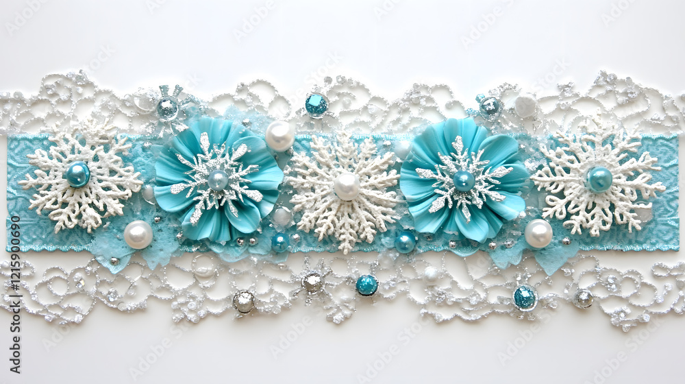 Elegant winter-themed arrangement featuring blue and white snowflakes, pearls, and shimmering lace. Perfect for holiday cards, invitations, or festive decorations. Elegant winter-themed arrangement featuring blue and white snowflakes, pearls, and shimmering lace. Perfect for holiday cards, invitations, or festive decorations.