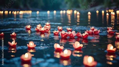 Valentine's Day, romantic river scene, floating candles, blue river, fish swimming, birds flying, Valentine’s decorations, heart-shaped balloons, rose petals, serene atmosphere, love theme, peaceful  photo