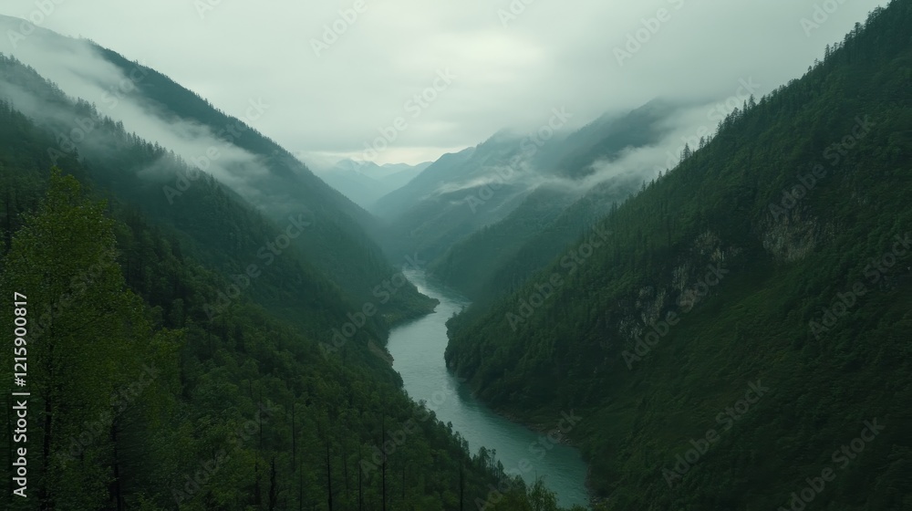 Fototapeta premium Serene River Valley Enveloped in Misty Mountains