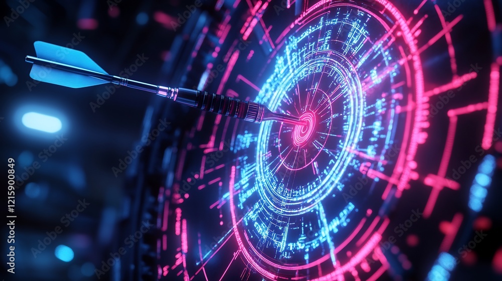 Fototapeta premium Cyberpunk Dartboard Target Neon Glowing Precise Hit. AI Generated