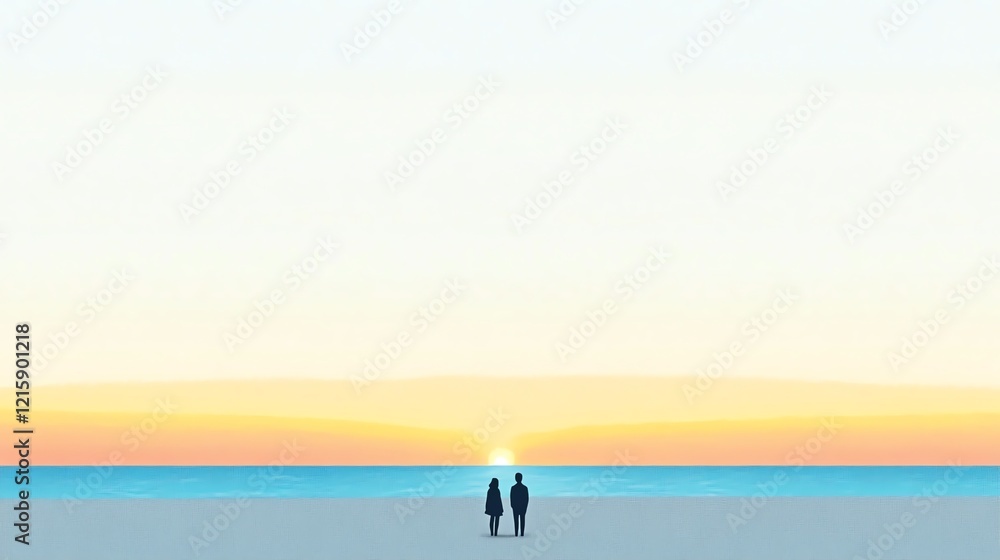 Fototapeta premium A serene sunset scene featuring two silhouetted figures standing together by the water's edge, creating a peaceful and romantic atmosphere.