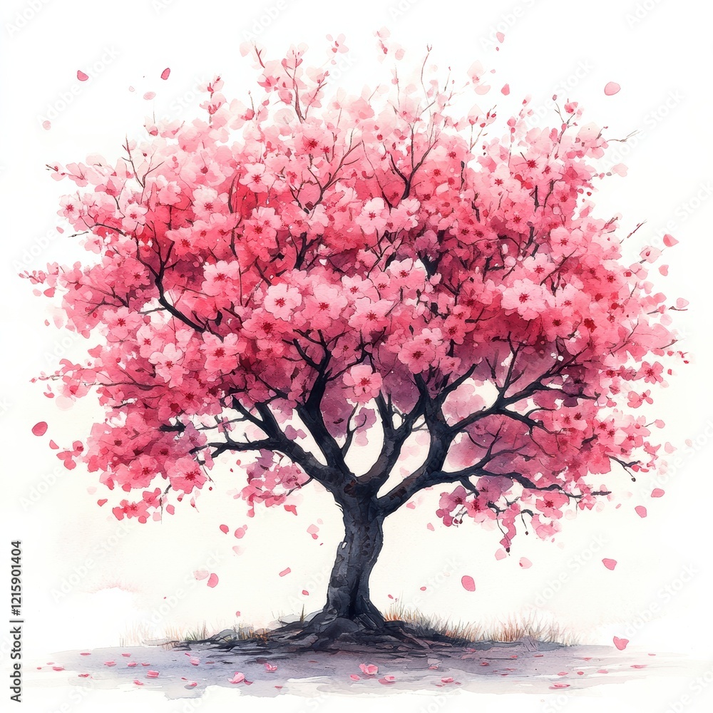 Fototapeta premium Vibrant Pink Blossom Tree with Falling Petals in Bright Background