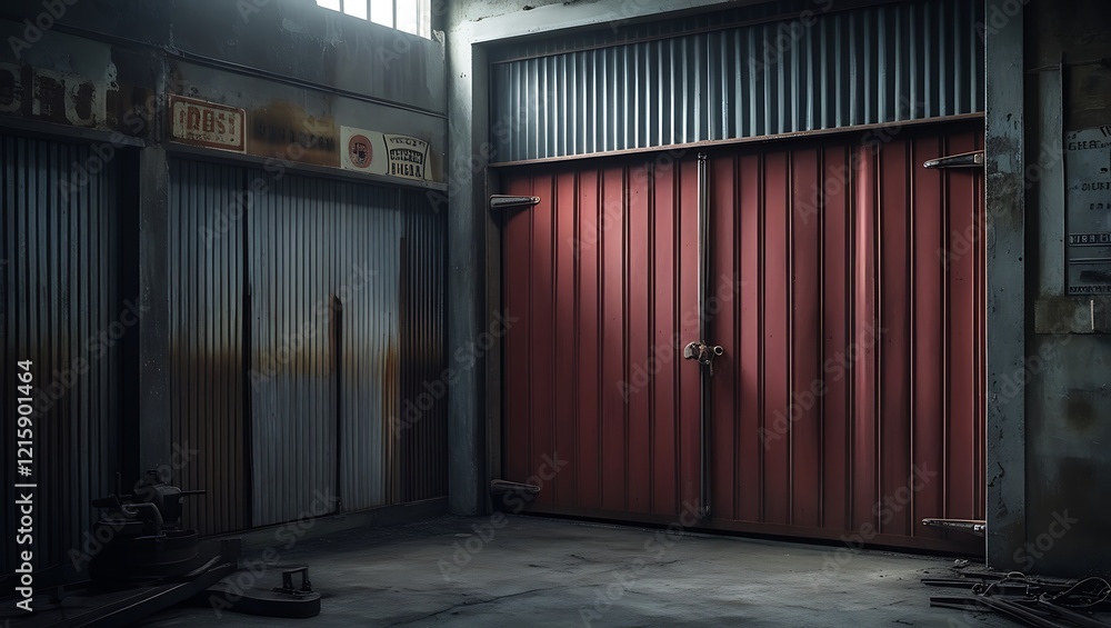 Empty red metal garage at the building that opens the door Empty red metal garage at the building that opens the door