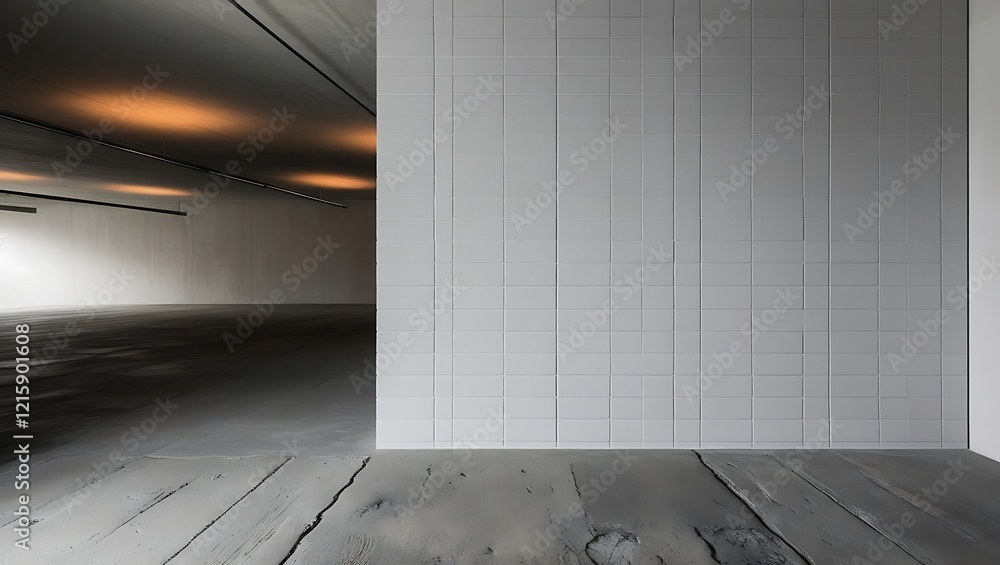 Obraz premium Perspective view on the corner in empty industrial style hall area with blank square printed light grey wall and concrete floor