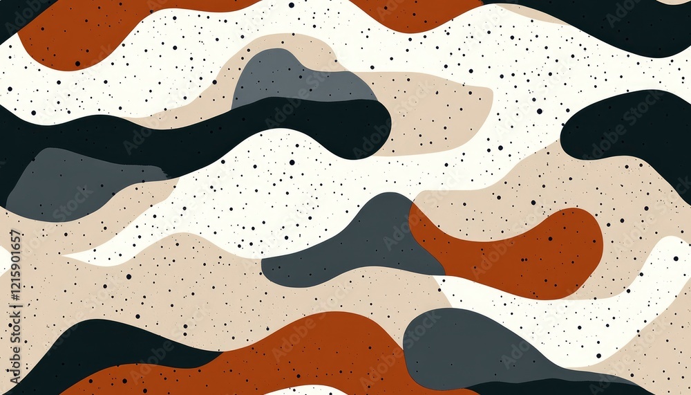Abstract camouflage pattern with flowing shapes in earthy tones and speckles. Abstract camouflage pattern with flowing shapes in earthy tones and speckles.