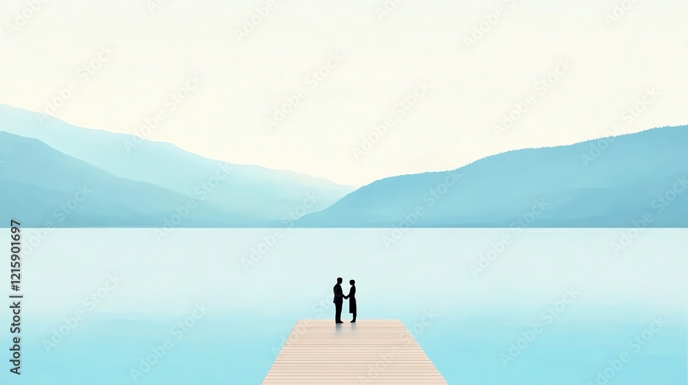 Naklejka premium A serene couple stands on a wooden pier, gazing at tranquil waters surrounded by soft, muted mountains.