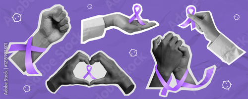 Set of hands showcasing purple ribbons for World Cancer Day awareness on February 4th, vector illustration